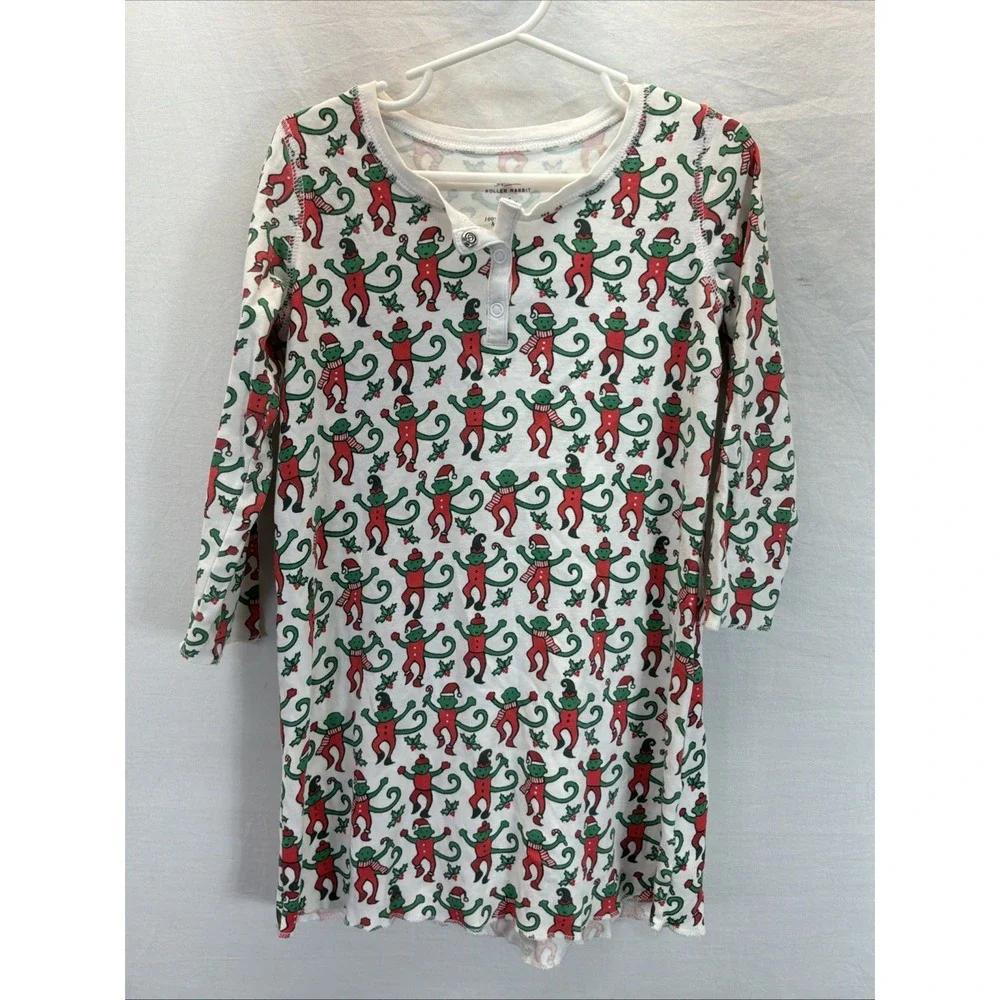 ROLLER RABBIT Kids Merry Monkey Christmas Pajama Top 100% Pima Cotton Sz 6yrs